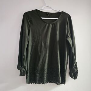 Chances R Elegant Olive Long Sleeve Top Boho Y2K Whimsigoth Crew Neck Eyelet